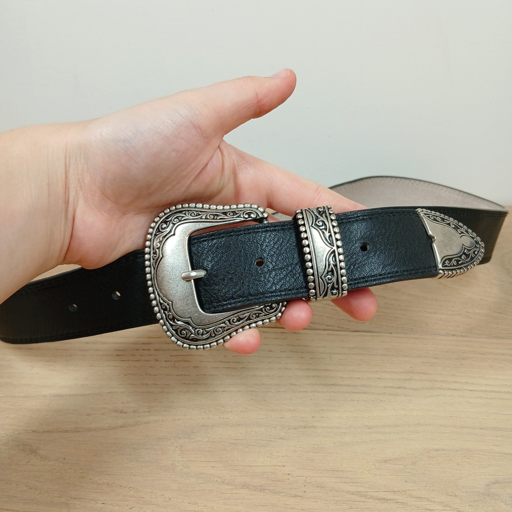 Vince Camuto Belt Womens XL Black Faux Leather Western Silver Buckle VB912202